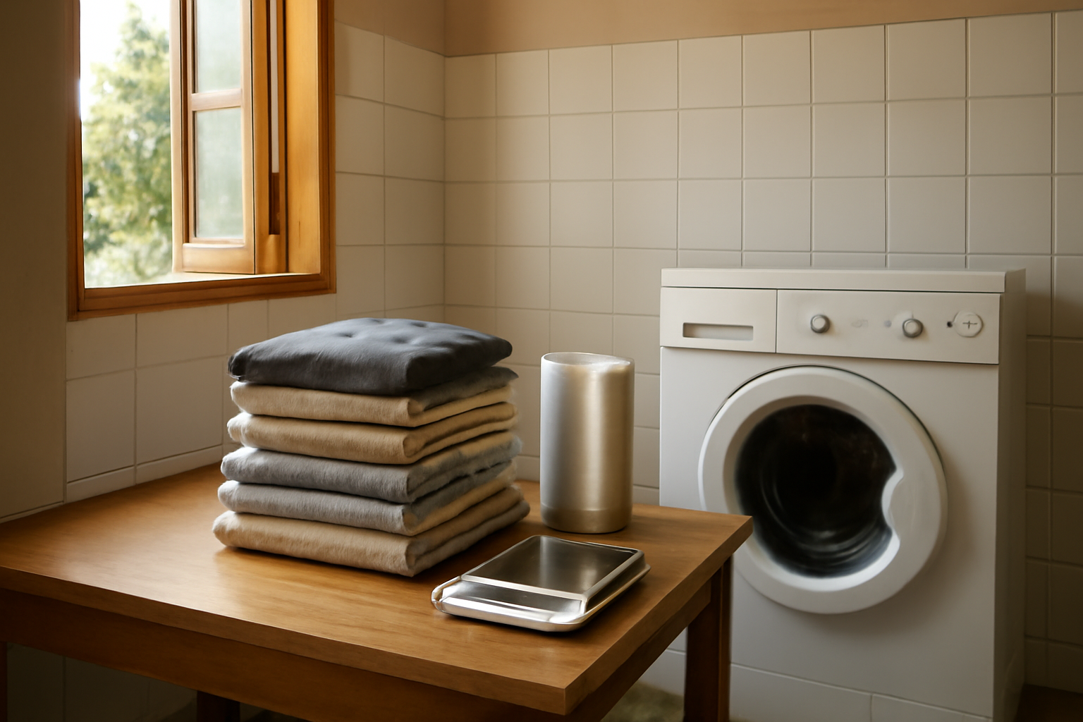 Ruang cuci laundry kiloan rumahan dengan tumpukan pakaian terlipat, timbangan digital, dan mesin cuci