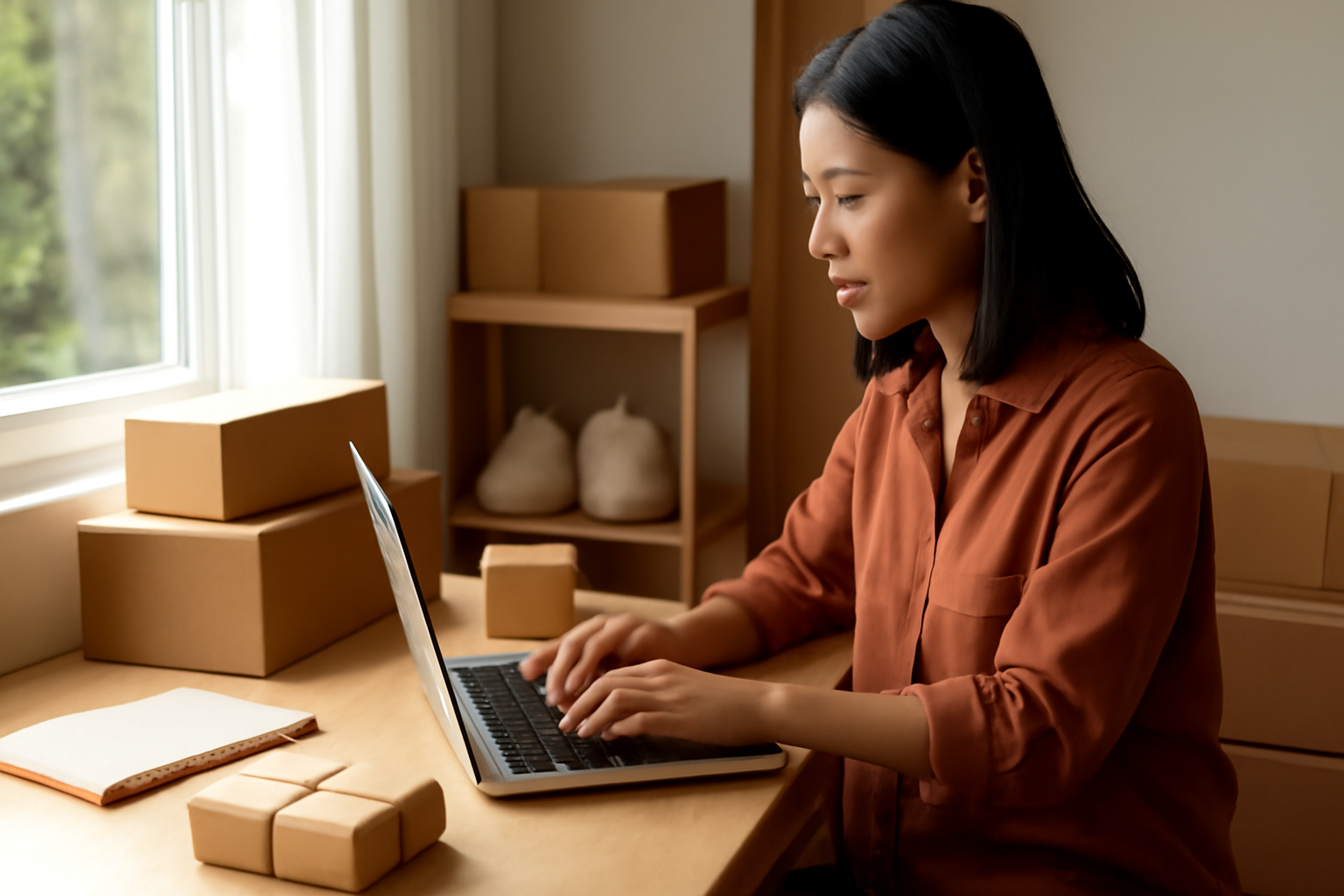 Pemula memulai bisnis online di rumah dengan laptop dan produk