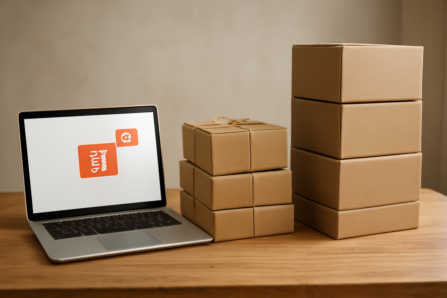 Perbandingan dropship, reseller, dan grosir terlihat dari laptop pesanan, paket siap kirim, dan tumpukan karton grosir