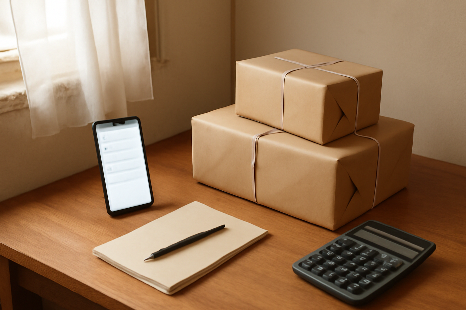 Meja kerja rumahan dengan ponsel, paket siap kirim, dan catatan pesanan untuk usaha jasa titip dan reseller